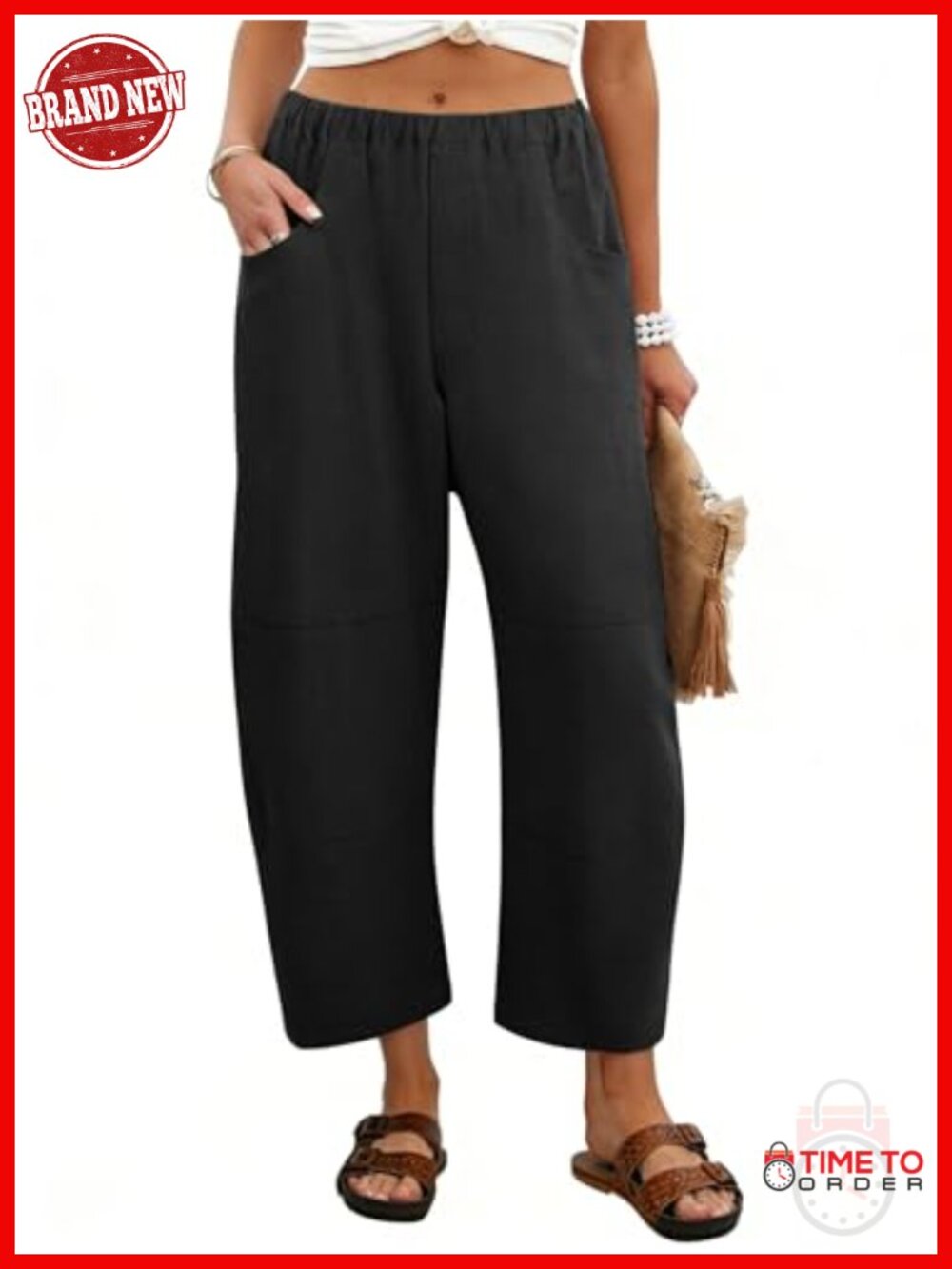 Linen Blend Wide Leg Barrel Pants Elastic Waist Harem Pockets